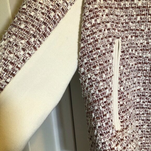 French Connection Zip Front Tweed Bomber Jacket White Red Size L EUC - Picture 12 of 16